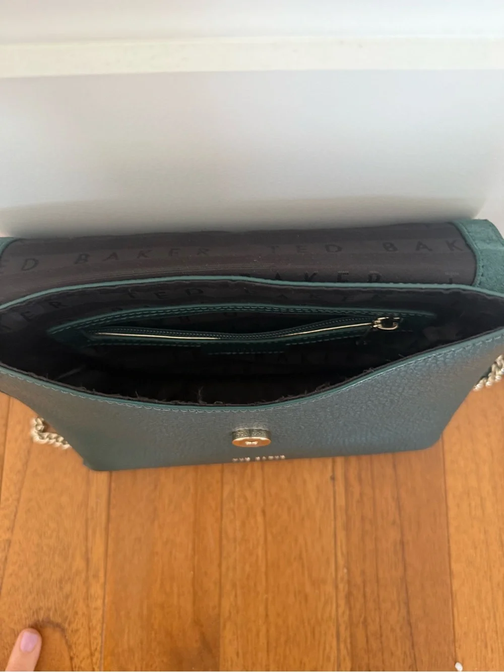 Ted Baker Lisa Forest Green Leather Suede Chain Crossbody Bag